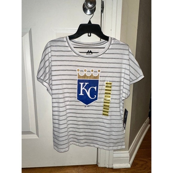 New WOMENS  majestic 47 KANSAS CITY ROYALS BLUE COED STRIPE SHORT SLEEVE SCOOP M - Picture 5 of 9